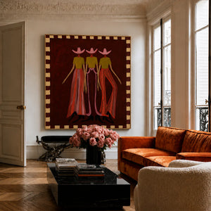Pink-Hatted Trio in Mustard Tops and Red Trousers Wall Art styled interior scene 4 | OILDECO