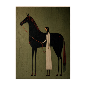 Cream-Clad Figure with a Black Horse on Olive Wall Art | OILDECO