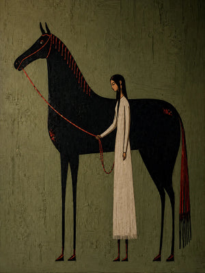 Cream-Clad Figure with a Black Horse on Olive Wall Art artwork view | OILDECO