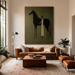 Cream-Clad Figure with a Black Horse on Olive Wall Art styled interior scene 1 | OILDECO