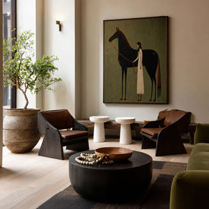 Cream-Clad Figure with a Black Horse on Olive Wall Art styled interior scene 2 | OILDECO