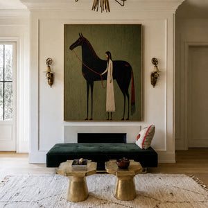 Cream-Clad Figure with a Black Horse on Olive Wall Art styled interior scene 4 | OILDECO