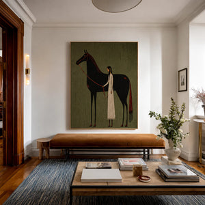 Cream-Clad Figure with a Black Horse on Olive Wall Art styled interior scene 5 | OILDECO