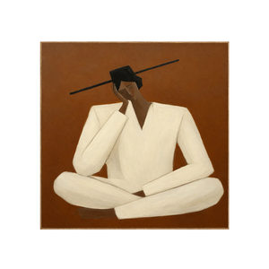 Quiet Cross-Legged Figure in Cream on Burnt Ochre Wall Art | OILDECO