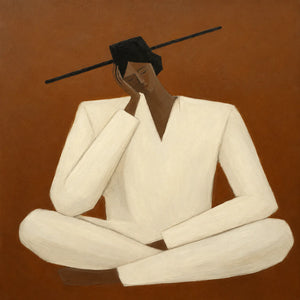 Quiet Cross-Legged Figure in Cream on Burnt Ochre Wall Art artwork view | OILDECO