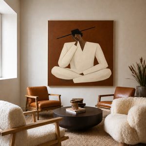 Quiet Cross-Legged Figure in Cream on Burnt Ochre Wall Art styled interior scene 1 | OILDECO