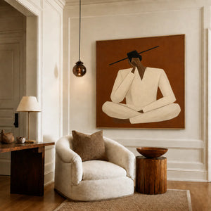Quiet Cross-Legged Figure in Cream on Burnt Ochre Wall Art styled interior scene 2 | OILDECO