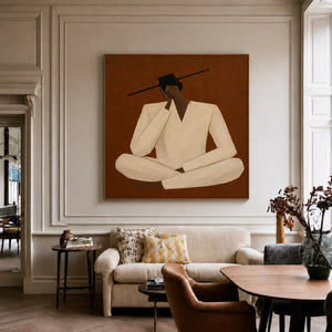 Quiet Cross-Legged Figure in Cream on Burnt Ochre Wall Art styled interior scene 5 | OILDECO