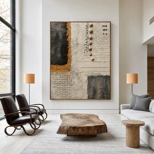 Charcoal Panels and Raised Dots on Ivory Wall Art styled interior scene 1 | OILDECO