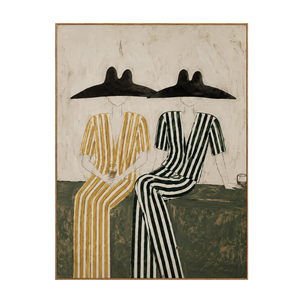 Seated Companions in Ochre and Green Stripes Wall Art | OILDECO