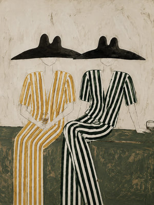 Seated Companions in Ochre and Green Stripes Wall Art artwork view | OILDECO