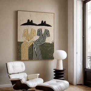Seated Companions in Ochre and Green Stripes Wall Art styled interior scene 1 | OILDECO