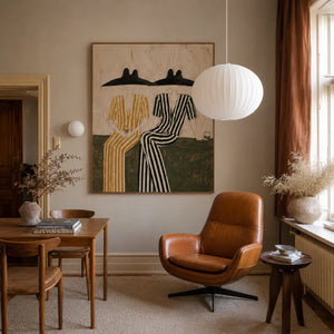 Seated Companions in Ochre and Green Stripes Wall Art styled interior scene 3 | OILDECO