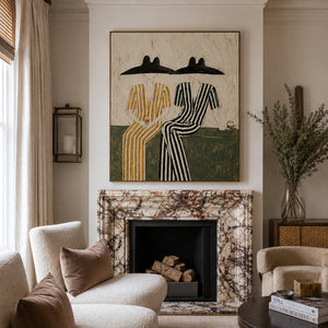 Seated Companions in Ochre and Green Stripes Wall Art styled interior scene 4 | OILDECO