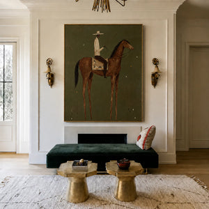 Cream-Hatted Rider on a Chestnut Horse Wall Art styled interior scene 2 | OILDECO