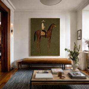 Cream-Hatted Rider on a Chestnut Horse Wall Art styled interior scene 3 | OILDECO