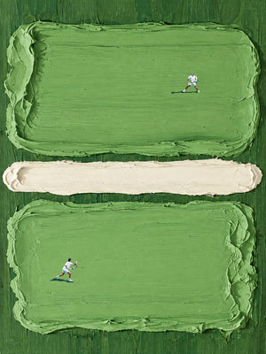 Two Tennis Players on Textured Green Court Panels Wall Art artwork view | OILDECO