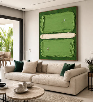 Two Tennis Players on Textured Green Court Panels Wall Art styled interior scene 1 | OILDECO