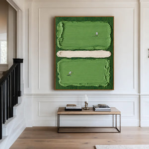 Two Tennis Players on Textured Green Court Panels Wall Art styled interior scene 2 | OILDECO