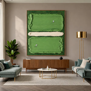 Two Tennis Players on Textured Green Court Panels Wall Art styled interior scene 4 | OILDECO
