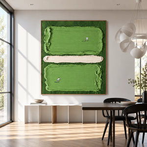 Two Tennis Players on Textured Green Court Panels Wall Art styled interior scene 5 | OILDECO