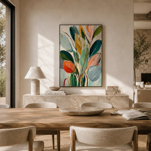 Painted Leaves Botanical Wall Art shown in a calm bedroom setting | Oildeco
