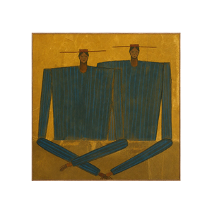 Two Angular Blue Figures on Golden Ochre Wall Art | OILDECO
