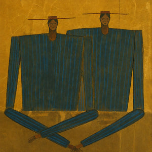 Two Angular Blue Figures on Golden Ochre Wall Art artwork view | OILDECO