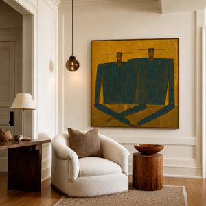 Two Angular Blue Figures on Golden Ochre Wall Art styled interior scene 1 | OILDECO