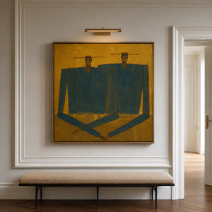 Two Angular Blue Figures on Golden Ochre Wall Art styled interior scene 2 | OILDECO