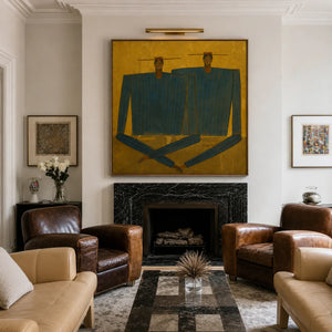 Two Angular Blue Figures on Golden Ochre Wall Art styled interior scene 3 | OILDECO