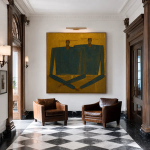 Two Angular Blue Figures on Golden Ochre Wall Art styled interior scene 4 | OILDECO