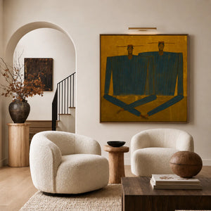 Two Angular Blue Figures on Golden Ochre Wall Art styled interior scene 5 | OILDECO