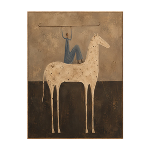 Blue Rider Balancing a Line Above a Cream Horse Wall Art | OILDECO