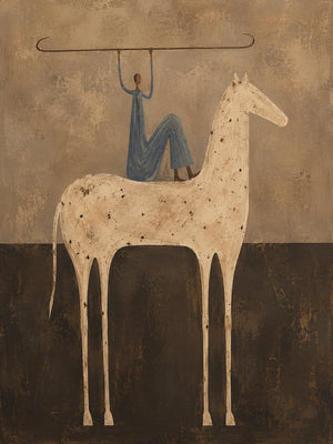 Blue Rider Balancing a Line Above a Cream Horse Wall Art artwork view | OILDECO