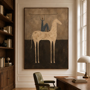 Blue Rider Balancing a Line Above a Cream Horse Wall Art styled interior scene 3 | OILDECO