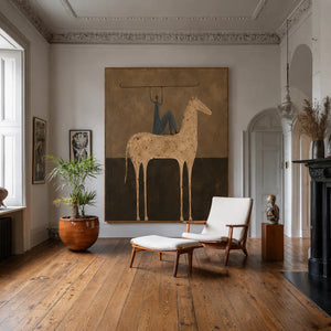 Blue Rider Balancing a Line Above a Cream Horse Wall Art styled interior scene 4 | OILDECO