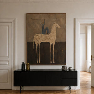 Blue Rider Balancing a Line Above a Cream Horse Wall Art styled interior scene 5 | OILDECO