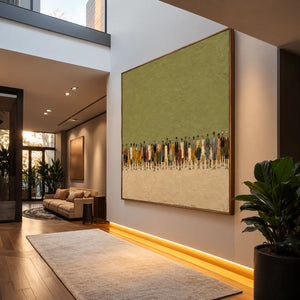 Colorful Crowd Beneath an Open Olive Field Wall Art styled interior scene 1 | OILDECO