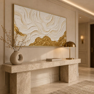 Ivory Flowing Ridges Above Golden Peaks Wall Art styled interior scene 3 | OILDECO