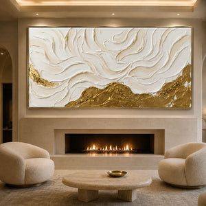 Ivory Flowing Ridges Above Golden Peaks Wall Art styled interior scene 4 | OILDECO