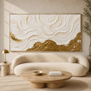 Ivory Flowing Ridges Above Golden Peaks Wall Art styled interior scene 5 | OILDECO
