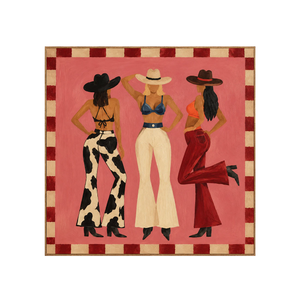 Three Western-Hatted Figures on Coral Pink Wall Art | OILDECO
