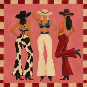 Three Western-Hatted Figures on Coral Pink Wall Art artwork view | OILDECO