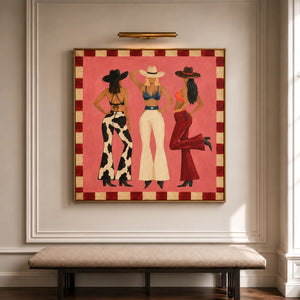 Three Western-Hatted Figures on Coral Pink Wall Art styled interior scene 1 | OILDECO