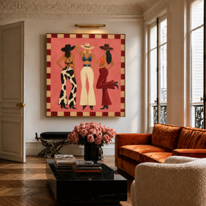 Three Western-Hatted Figures on Coral Pink Wall Art styled interior scene 2 | OILDECO