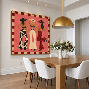 Three Western-Hatted Figures on Coral Pink Wall Art styled interior scene 3 | OILDECO
