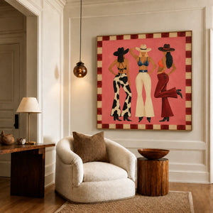 Three Western-Hatted Figures on Coral Pink Wall Art styled interior scene 4 | OILDECO