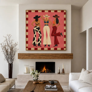 Three Western-Hatted Figures on Coral Pink Wall Art styled interior scene 5 | OILDECO
