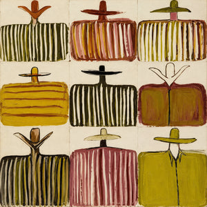 Nine Hat Figures in a Grid of Warm Stripes Wall Art artwork view | OILDECO
